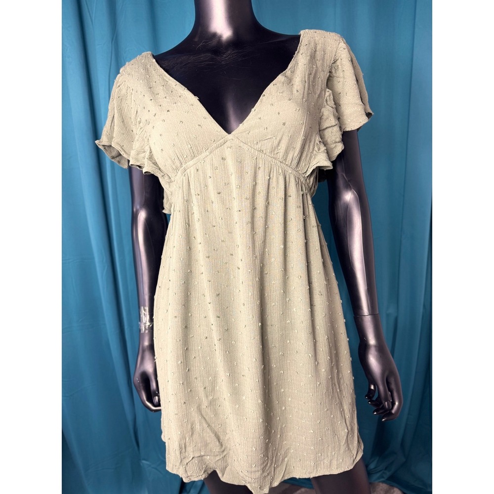 Magnolia Boutique Green Mini‎ Dress Swiss Dot V Neck Flutter Sleeve